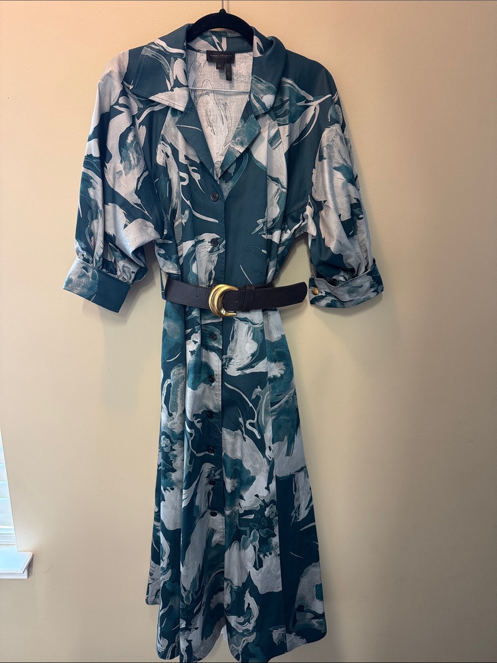 Donna Karan Teal and White Abstract Midi Shirt Dress with Belt